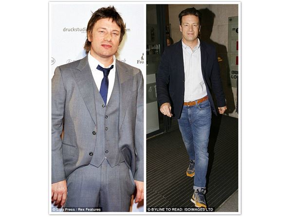 英國知名主廚傑米‧奧立佛（Jamie Oliver）於2010年時身形較豐腴（圖左），今年5月時（圖右）看起來比較苗條。（圖片／取材自《每日郵報》Daily Mail）