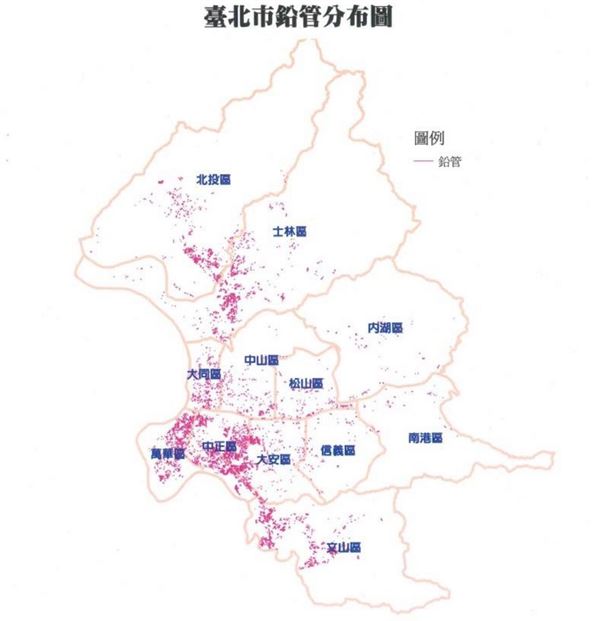 台北市議員謝維洲昨21日公佈全台北市鉛管清冊，台北市最長鉛管路段在萬華區的萬大路，總長達2.7公里。（資料來源／台北市議員謝維洲臉書）