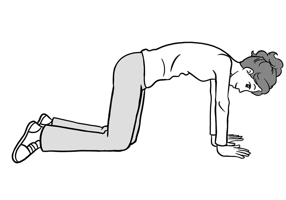 山峰山谷運動（改善脊椎柔軟度），如果撐地時手會疼痛，雙手可再往前略移，但盡量保持在肩膀正下方。